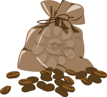 coffee beans and bag on a white background