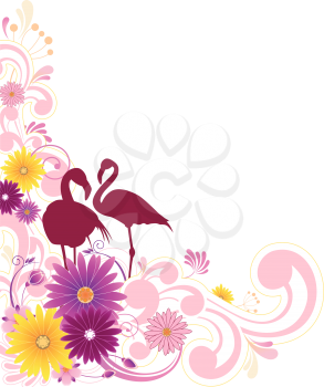 floral background  with flowers, leaves, ornament and flamingo
