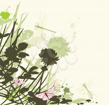 vector floral background with clover flowers and dragonfly