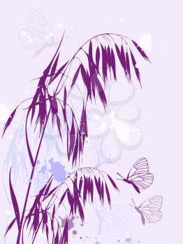 violet abstract floral background with oats and butterflies