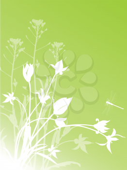 abstract green floral background with tulips and dragonfly