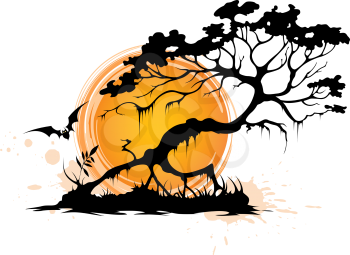 Halloween background with silhouette of a tree and setting sun