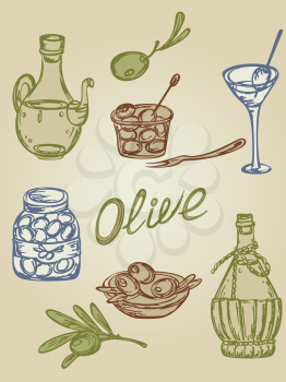 hand-drown retro  icons with olive fruit and olive oil