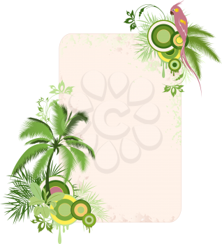 floral background with palms, tropical plants and parrot