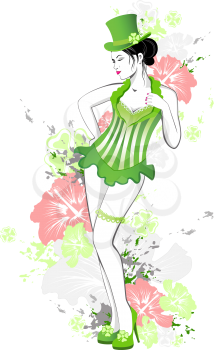 beautiful girl in green dress with flowers and splashes of paint for St. Patrick's Day