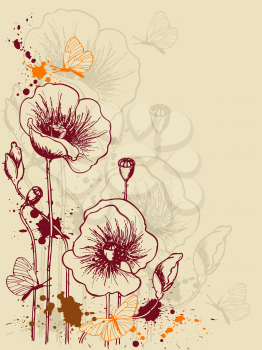 vector grunge floral background with red poppies