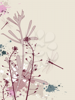 Background with flowers,dragonfly and grunge effect