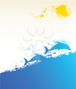 vector summer marine background with dolphins and sun