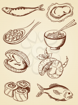 set of vector hand drawn seafood in retro style