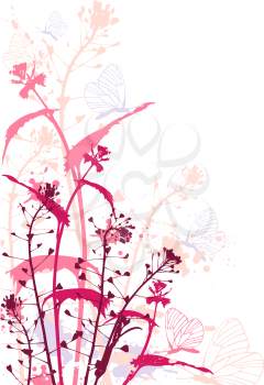 Background with red flowers,butterflies and grunge effect