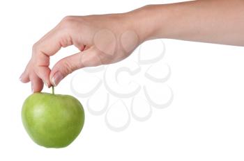 Fresh green apple in hand on a white background