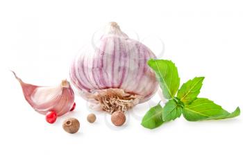 garlic,pepper and basil on a white background 