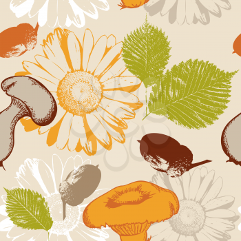 vector autumn seamless pattern with leaves and flowers