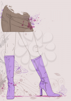 Vector background with female legs in violet  boots