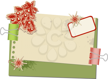 Christmas background with old spotted paper and paperclips