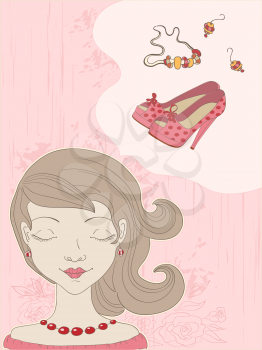 vector hand drawn pink  background with girl