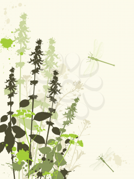 Green grunge vector background with wildflowers and dragonfly