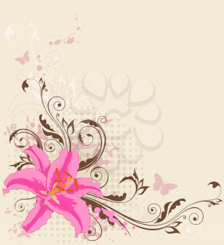 vintage vector floral background with pink  lily and ornament