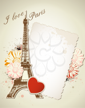 Vector background with old frame and  Eiffel tower