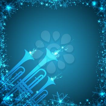 Vector blue Christmas card with trumpets and snowflakes
