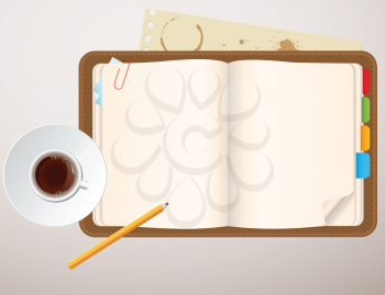 Vector background with notebook and a cup of coffee