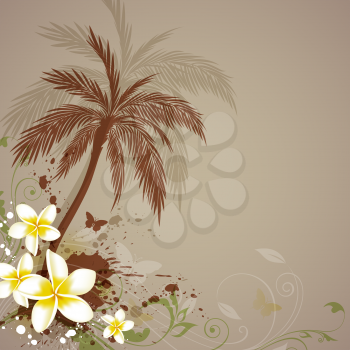 Vector floral tropical background with palms and white flowers