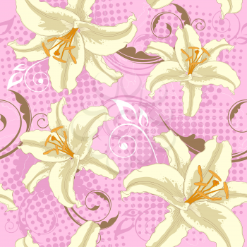 Vector pink seamless pattern with white  lily
