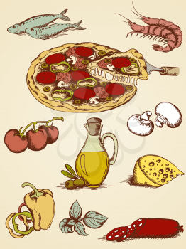 set of vector hand drawn pizza icons