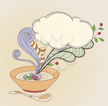 Vector hand drawn plate  of a soup and cloud