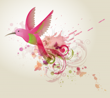 Abstract vector background with red humming-bird and blots