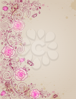 vector hand drawn floral background with rose and butterflies