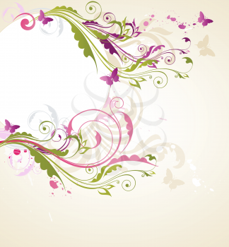 Round floral banner with butterflies and ornament