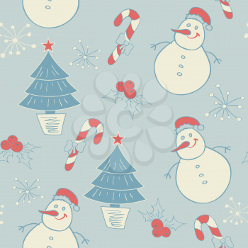 vector seamless pattern with snowman and Christmas decorations