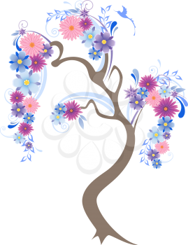 Vector flowering tree with blue flowers and bird