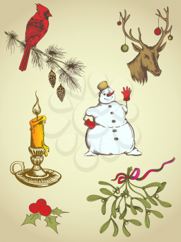 set of vintage vector hand drawn Christmas elements
