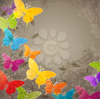 Vector abstract background with  butterflies and floral ornament