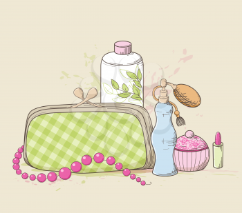 Vector background with green handbag and cosmetics