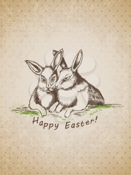 Vector hand drawn vintage Easter background with rabbits
