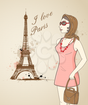 Background with girl and Eiffel Tower in Paris