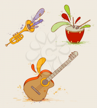 Set of vector musical instruments with bright splashes