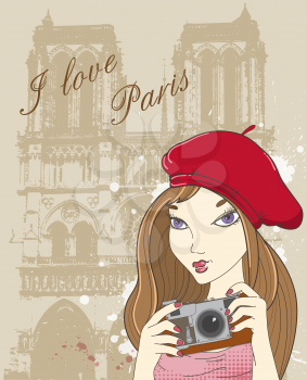 Vector background with girl photographer in Paris