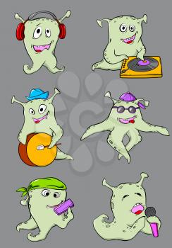 Set of vector cute cartoon aliens musicians
