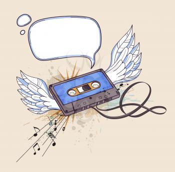 Vector musical background with audio cassette and wings