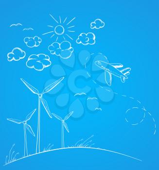 Blue vector background with airplane and windmills