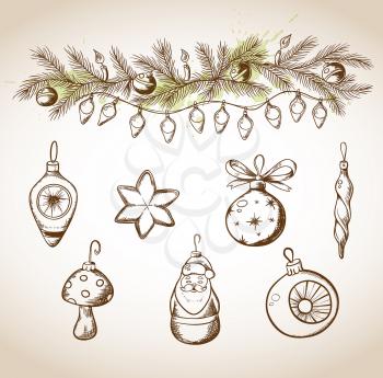 Vector vintage hand drawn Christmas decorations