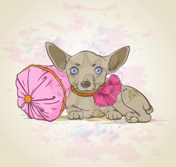 Small decorative dog with bow and  pink pillow