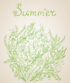 Green summer vector background with flowers and leaves