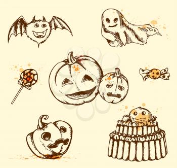 Set of vintage hand drawn Halloween elements