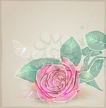Vector floral background with pink rose and butterflies