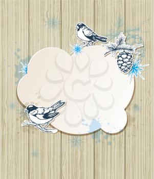 Wooden Christmas vector  background with birds and snowflakes